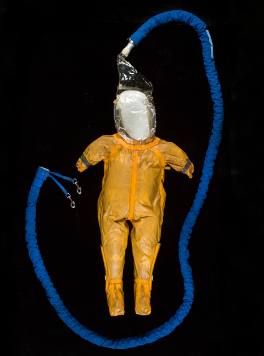 Though not currently on display, The Smithsonian Museum has “Bubble Boy” David Vetter’s space suit. Crafted by the Johnson Space Center, Vetter, who was born with  Severe Combined Immunodeficiency, relied on the suit to step out of his isolation chamber. 
